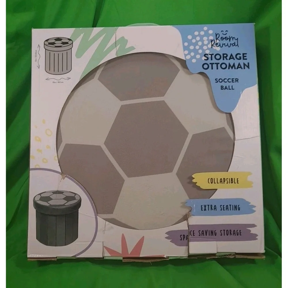 New In Box Room Revival Collapsible Mint Green/Gray Soccer Storage Ottoman 13×15